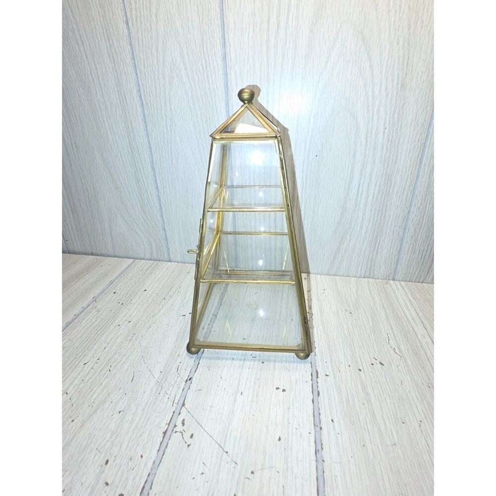 Vintage Pyramid Brass Glass Curio Cabinet Display 3 Tier Shelf 9" Retro Regency